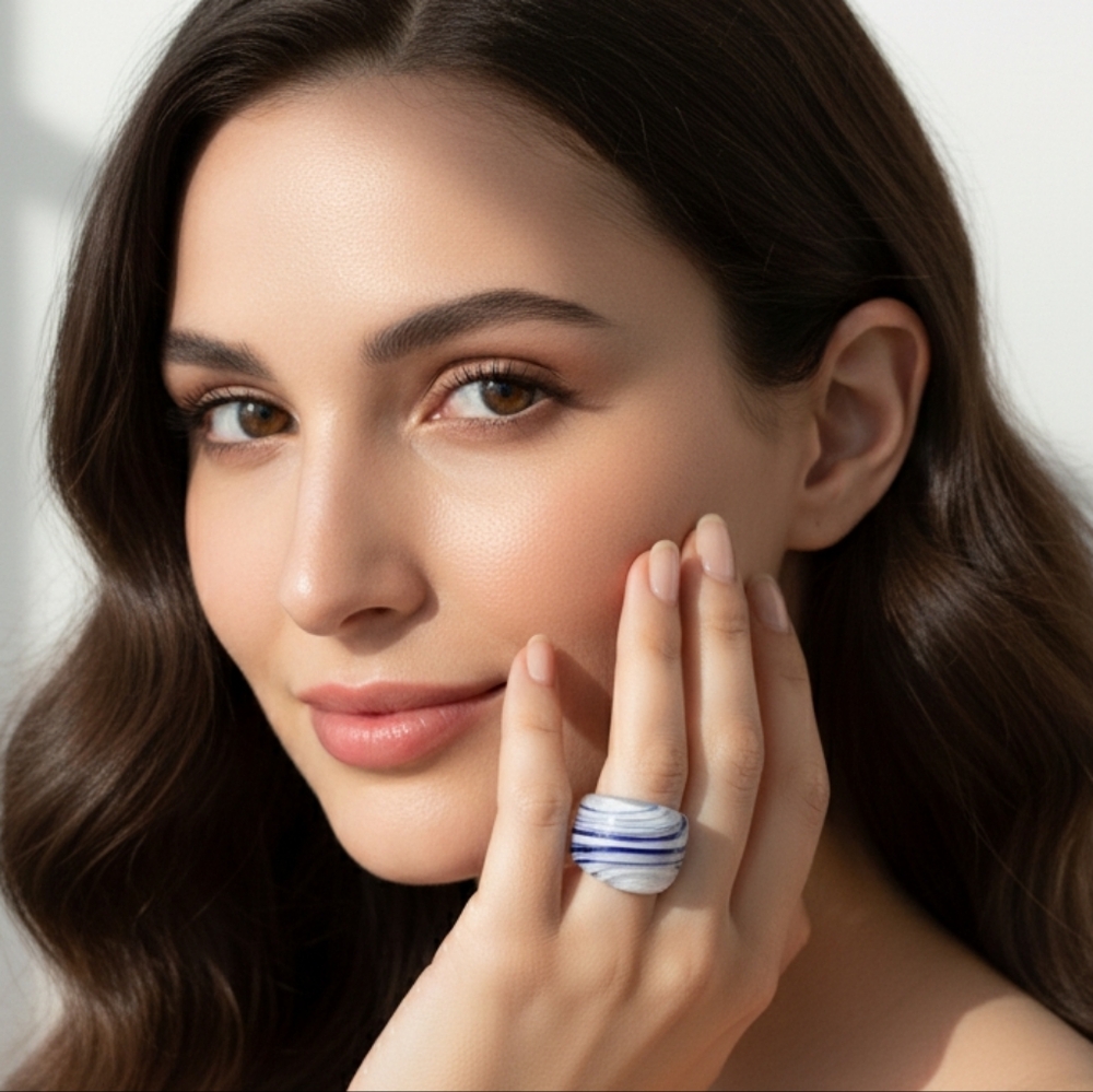 Blue White Swirl Acrylic Statement Ring Chunky Resin Bold Fashion Jewelry